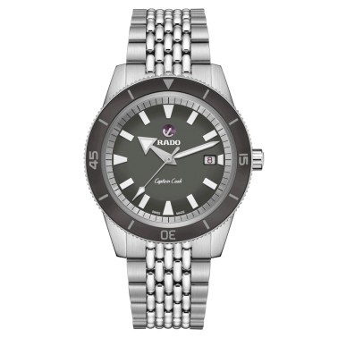 Montre Rado Captain Cook Pochette de Voyage automatique cadran gris bracelet cuir marron 42 mm