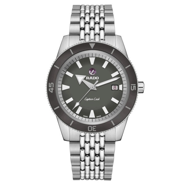 Montre Rado Captain Cook Pochette de Voyage automatique cadran gris bracelet cuir marron 42 mm