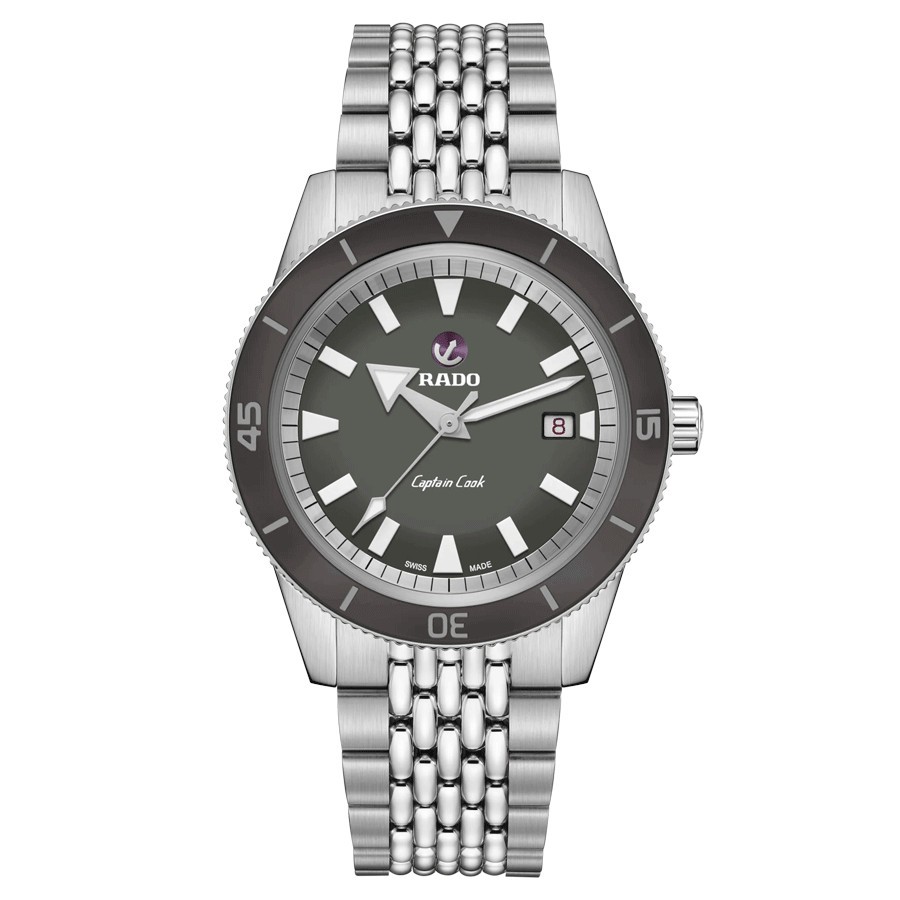 Montre Rado Captain Cook Pochette de Voyage automatique cadran gris bracelet cuir marron 42 mm