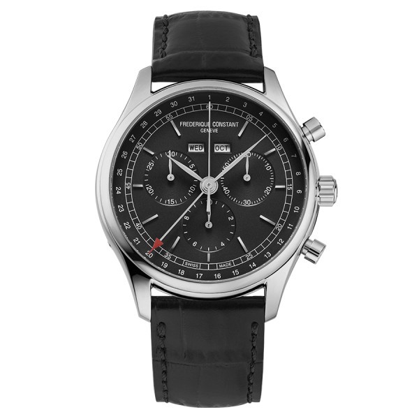 Montre Frédérique Constant Classics Quartz Chronographe Triple calendrier cadran noir bracelet cuir 40 mm