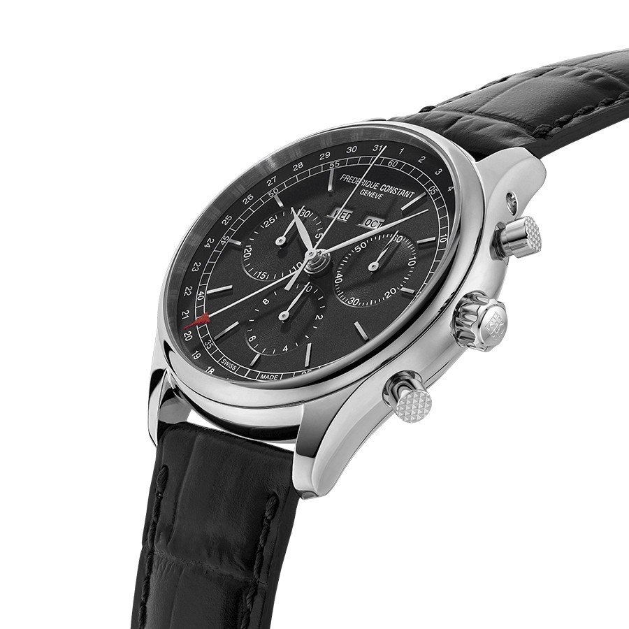 Montre Frédérique Constant Classics Quartz Chronographe Triple calendrier cadran noir bracelet cuir 40 mm
