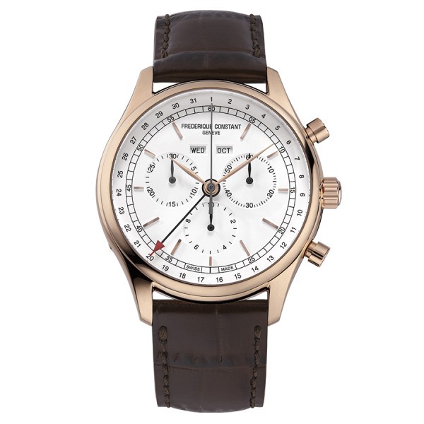 Montre Frédérique Constant Classics Quartz Chronographe Triple calendrier PVD or rose cadran blanc bracelet cuir 40 mm