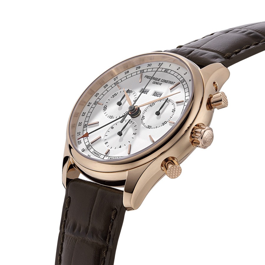 Frédérique Constant Classics Quartz Chronograph Triple calendar watch PVD pink gold dial white leather strap 40 mm