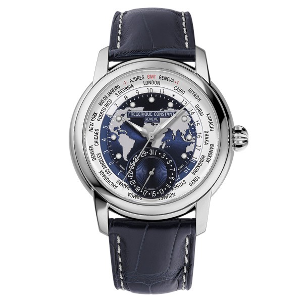 Montre Frédérique Constant Classics Worldtimer Manufacture Automatique cadran bleu bracelet cuir 42 mm