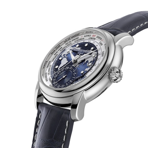 Montre Frédérique Constant Classics Worldtimer Manufacture Automatique cadran bleu bracelet cuir 42 mm