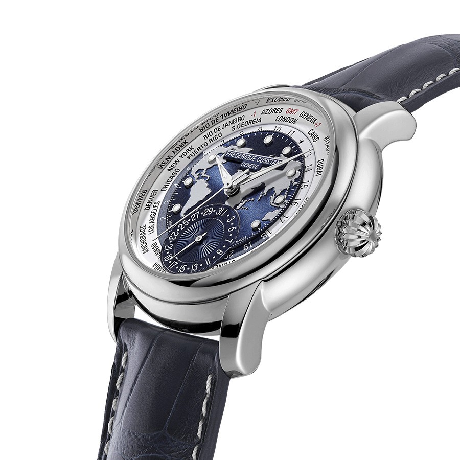 Montre Frédérique Constant Classics Worldtimer Manufacture Automatique cadran bleu bracelet cuir 42 mm