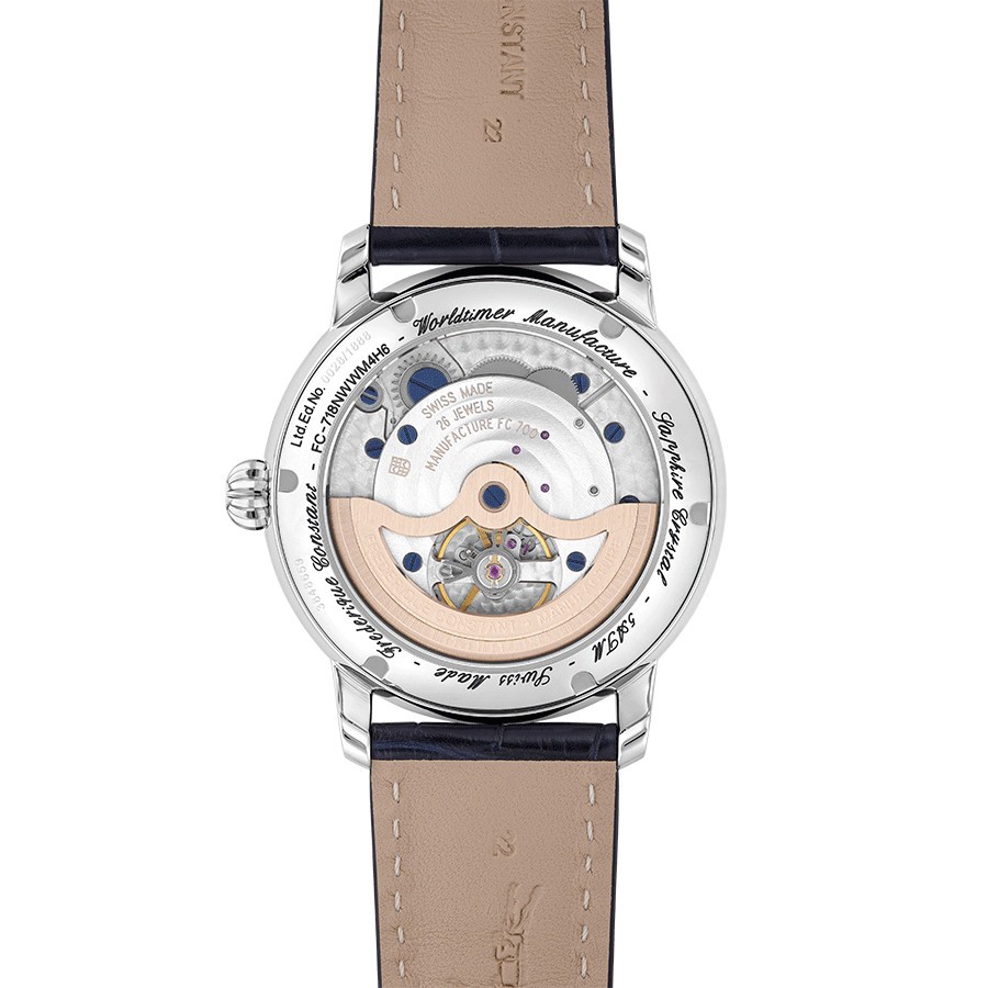 Montre Frédérique Constant Classics Worldtimer Manufacture Automatique cadran bleu bracelet cuir 42 mm