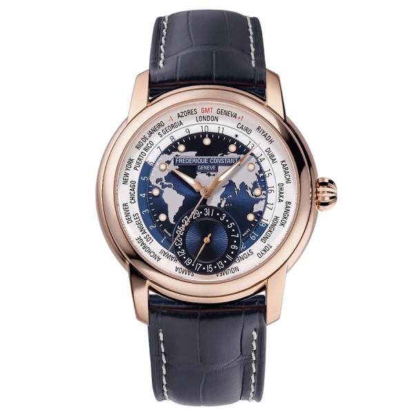 Frédérique Constant Classics Worldtimer Manufacture Automatic pink gold watch blue dial leather strap 42 mm