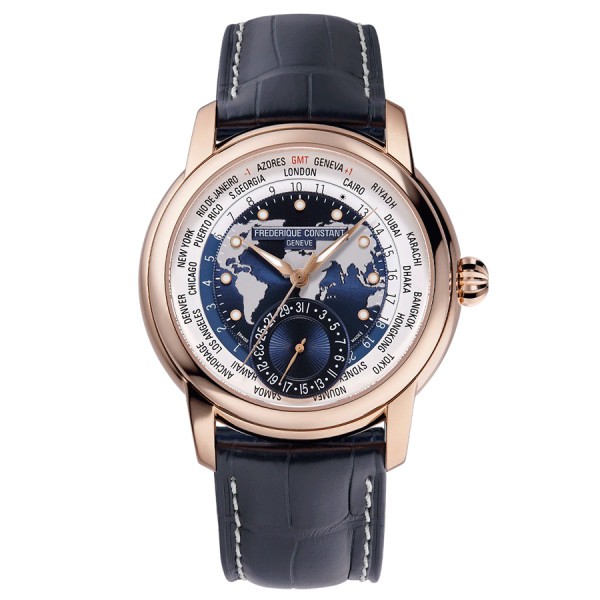 Montre Frédérique Constant Classics Worldtimer Manufacture Automatique or rose cadran bleu bracelet cuir 42 mm