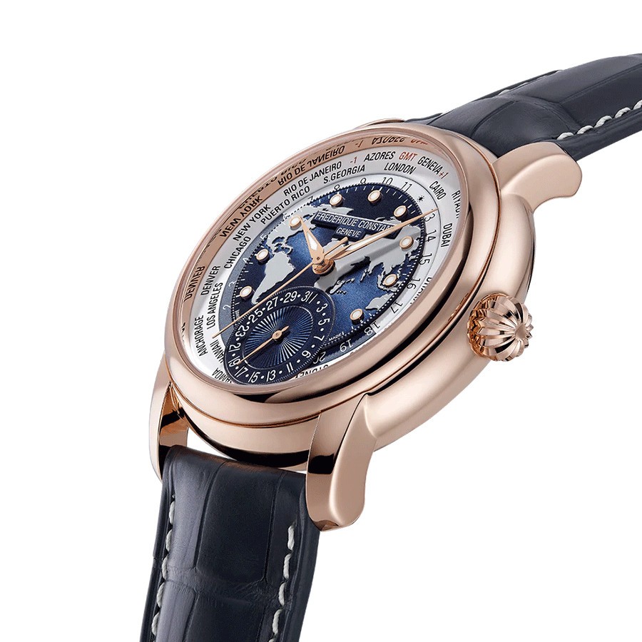 Montre Frédérique Constant Classics Worldtimer Manufacture Automatique or rose cadran bleu bracelet cuir 42 mm