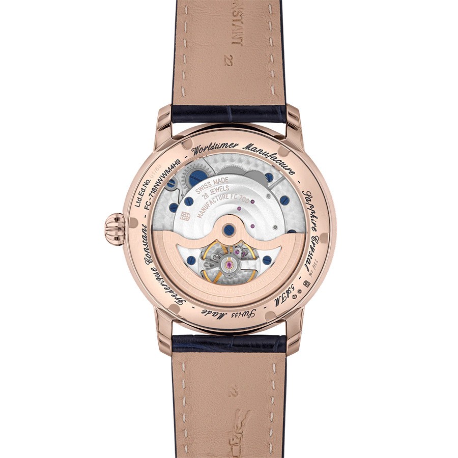 Montre Frédérique Constant Classics Worldtimer Manufacture Automatique or rose cadran bleu bracelet cuir 42 mm