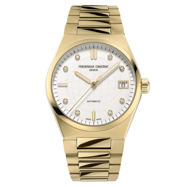 Montre Frédérique Constant Highlife Ladies Automatic PVD or jaune cadran blanc et diamants bracelet acier 34 mm