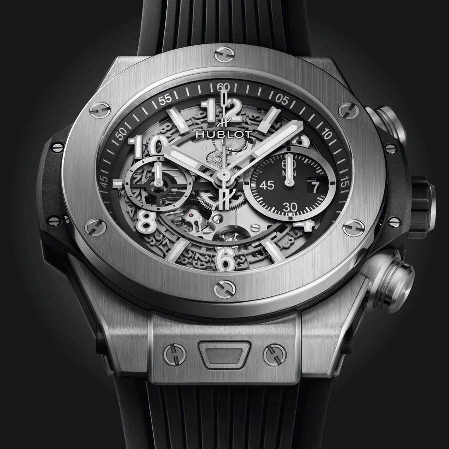 Montre Hublot Big Bang Unico Titanium automatique cadran squelette bracelet caoutchouc noir 44 mm 421.NX.1170.RX