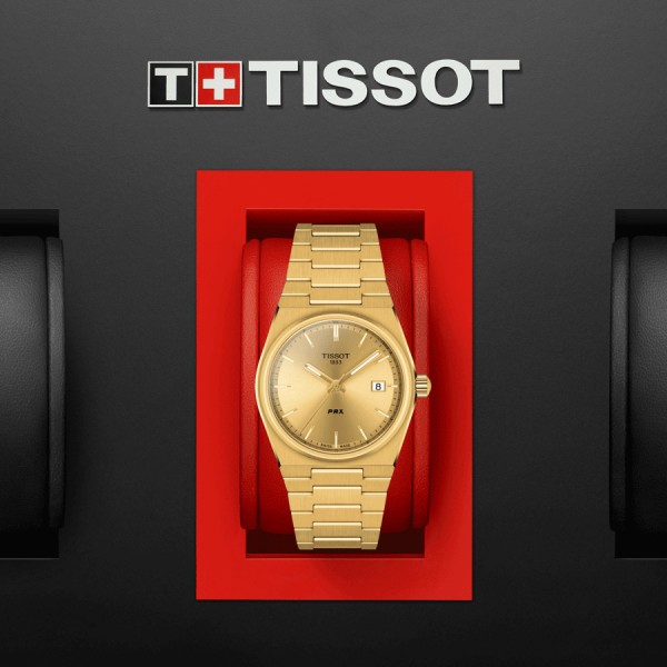 Montre Tissot T-Classic PRX quartz cadran doré bracelet acier PVD Or jaune 35 mm T137.210.33.021.00