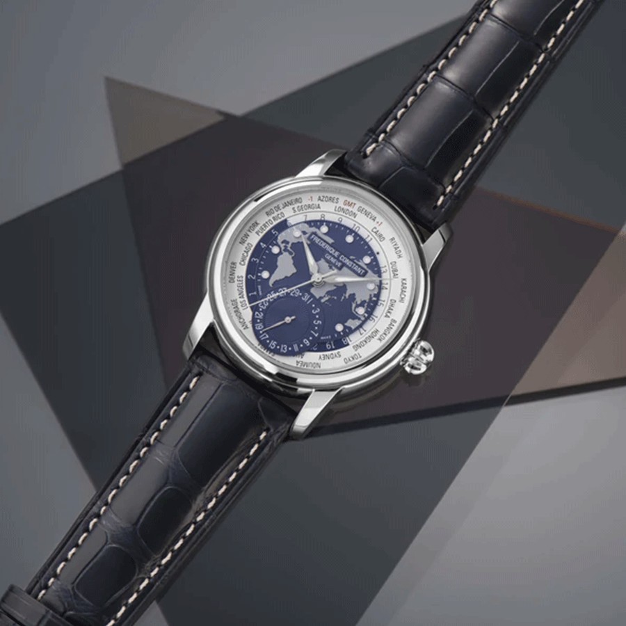 Montre Frédérique Constant Classics Worldtimer Manufacture Automatique cadran bleu bracelet cuir 42 mm