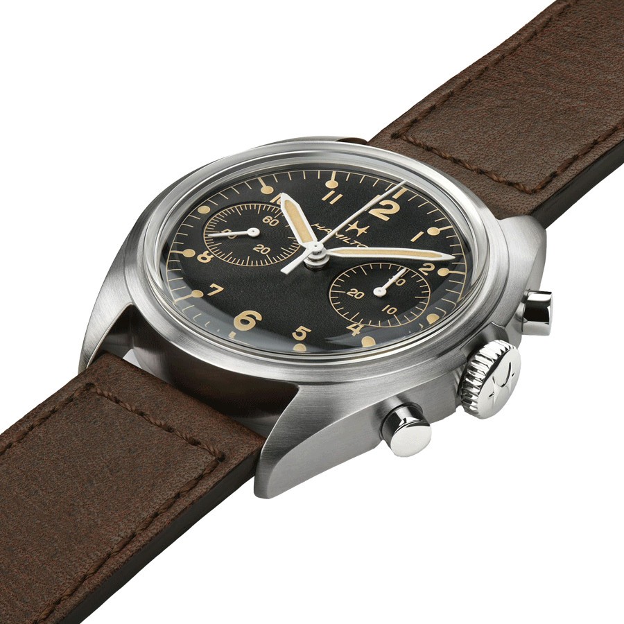 Hamilton Khaki Aviation Pioneer Chrono mechanical watch black dial brown leather strap 40 mm H76409530