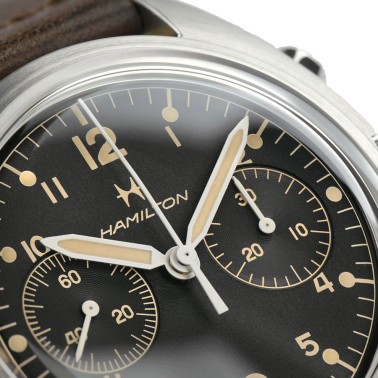 Hamilton Khaki Aviation Pioneer Chrono mechanical watch black dial brown leather strap 40 mm H76409530
