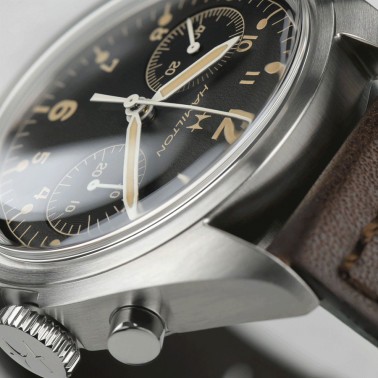 Hamilton Khaki Aviation Pioneer Chrono mechanical watch black dial brown leather strap 40 mm H76409530