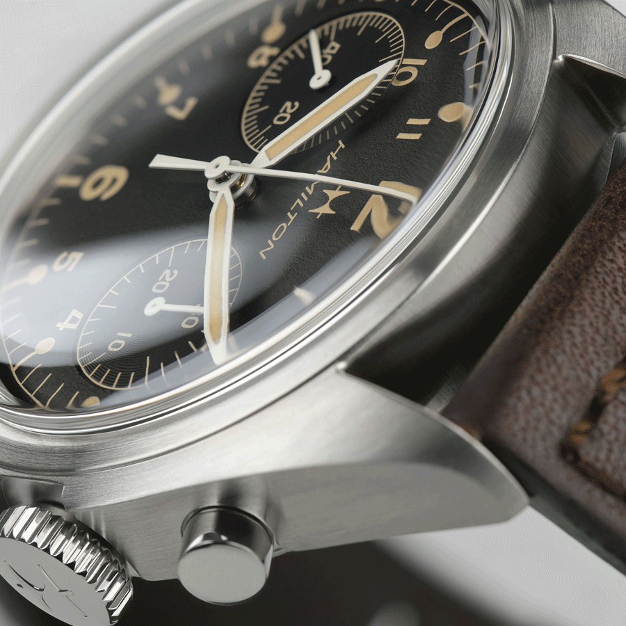 Hamilton Khaki Aviation Pioneer Chrono mechanical watch black dial brown leather strap 40 mm H76409530
