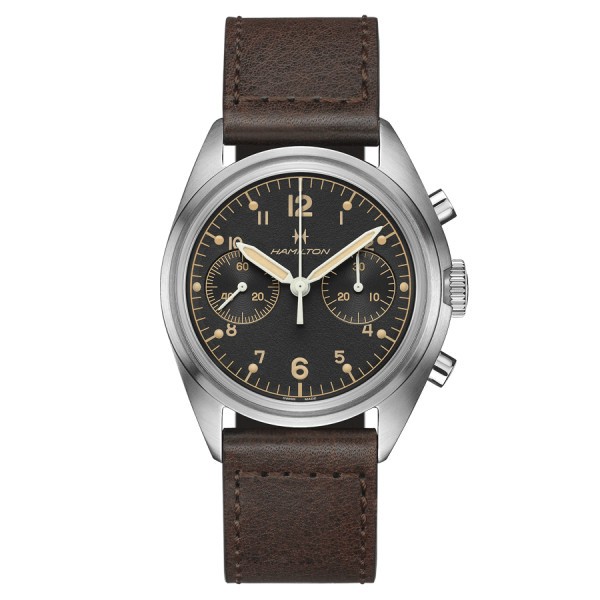 Montre Hamilton Khaki Aviation Pioneer Chrono mécanique cadran noir bracelet cuir brun vieilli 40 mm H76409530