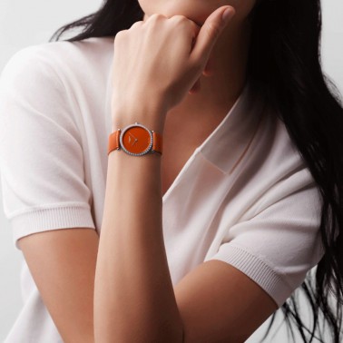 Longines La Grande Classique watch quartz bezel set with orange dial orange leather strap 29 mm L4.523.0.92.2