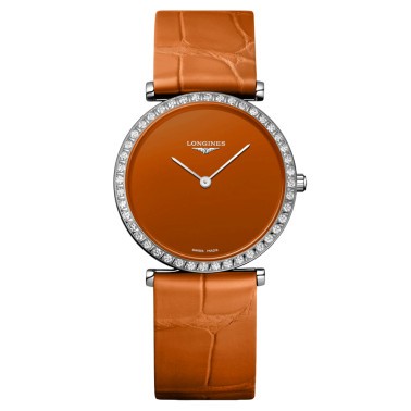 Longines La Grande Classique watch quartz bezel set with orange dial orange leather strap 29 mm L4.523.0.92.2