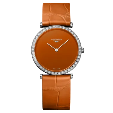 Montre Longines La Grande Classique quartz lunette sertie cadran orange 29 mm L4.523.0.92.2