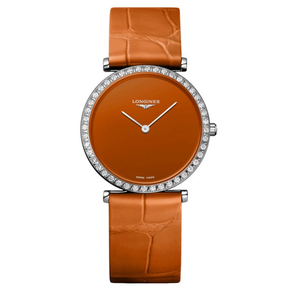 Longines La Grande Classique watch quartz bezel set with orange dial orange leather strap 29 mm L4.523.0.92.2
