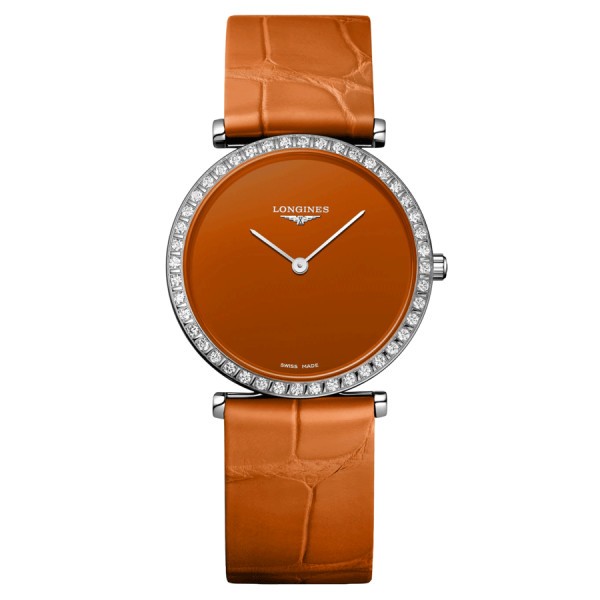 Montre Longines La Grande Classique quartz lunette sertie cadran orange 29 mm L4.523.0.92.2