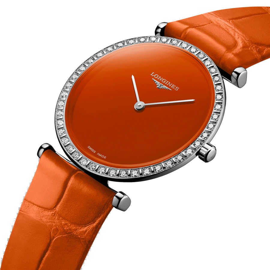 Montre Longines La Grande Classique quartz lunette sertie cadran orange 29 mm L4.523.0.92.2