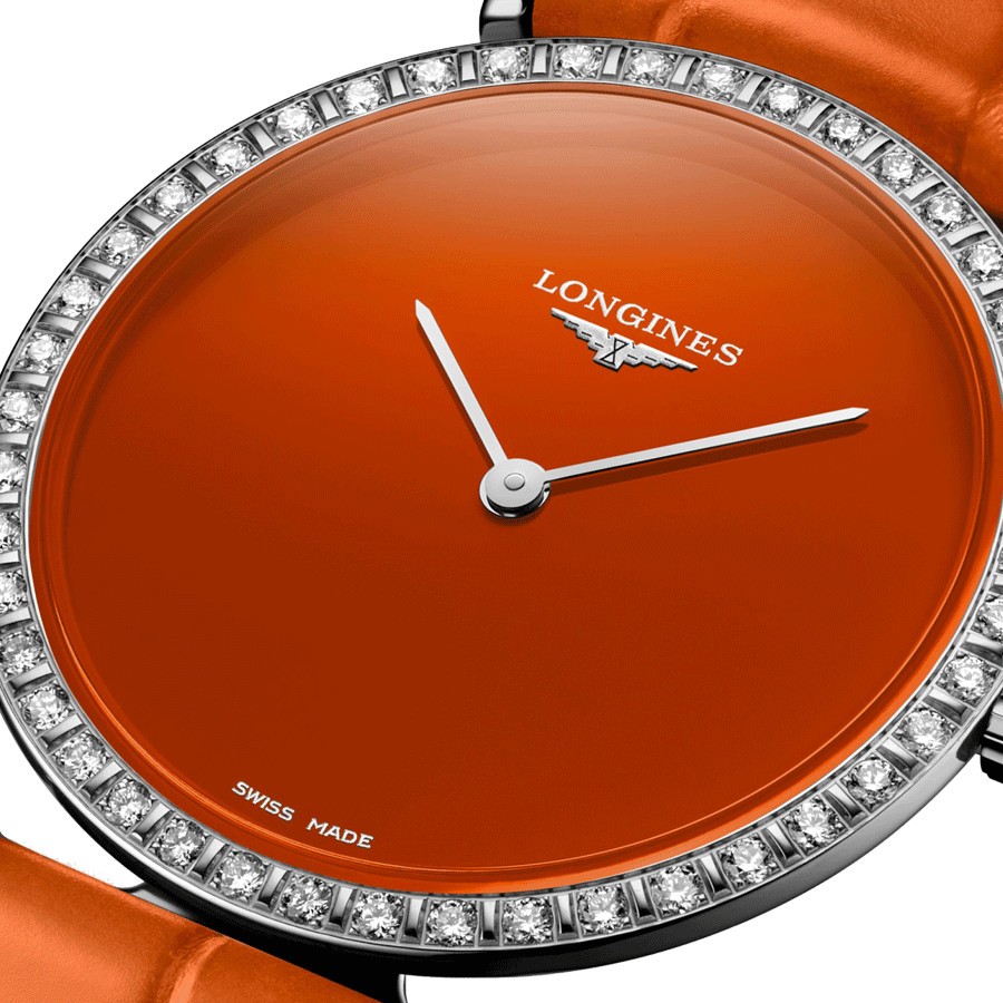 Montre Longines La Grande Classique quartz lunette sertie cadran orange 29 mm L4.523.0.92.2