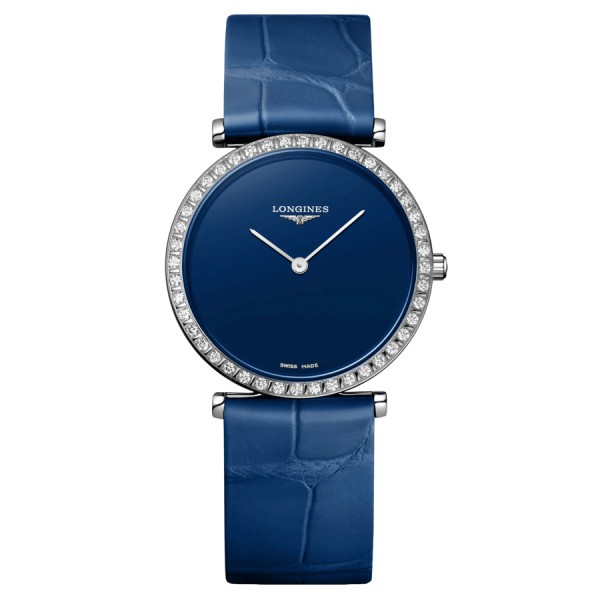 Longines La Grande Classique watch quartz bezel set with blue dial blue leather strap 29 mm L4.523.0.90.2