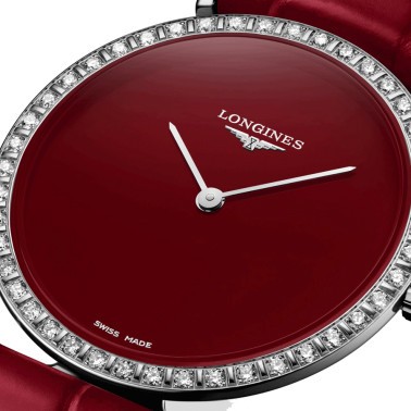 Longines La Grande Classique quartz watch bezel set with red dial red leather strap 29 mm L4.523.0.91.2