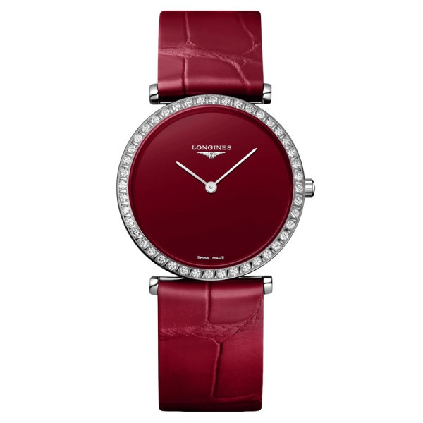 Longines La Grande Classique quartz watch bezel set with red dial red leather strap 29 mm L4.523.0.91.2