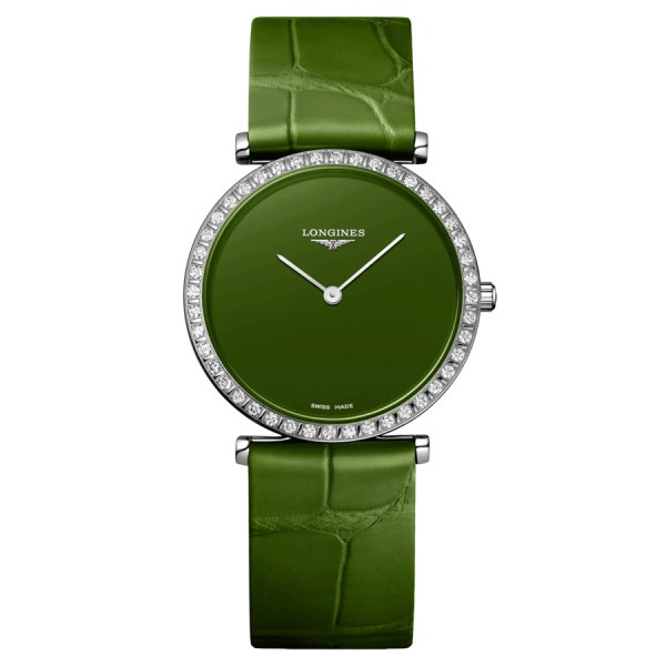 Longines La Grande Classique watch quartz bezel set with green dial green leather strap 29 mm L4.523.0.60.2
