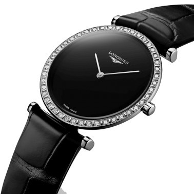 Longines La Grande Classique watch quartz bezel set with black dial black leather strap 29 mm L4.523.0.50.2