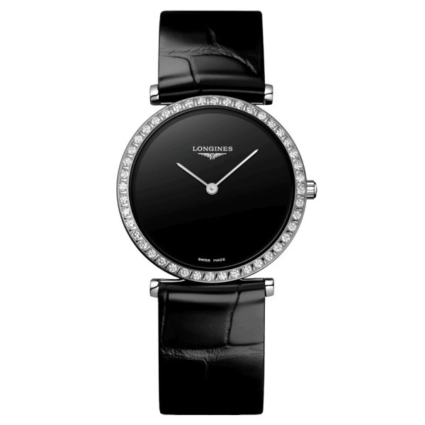 Longines La Grande Classique watch quartz bezel set with black dial black leather strap 29 mm L4.523.0.50.2