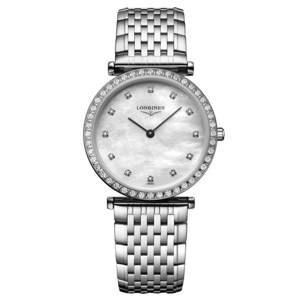 Longines La Grande Classique quartz watch bezel set with white mother-of-pearl dial steel bracelet 29 mm L4.523.0.87.6