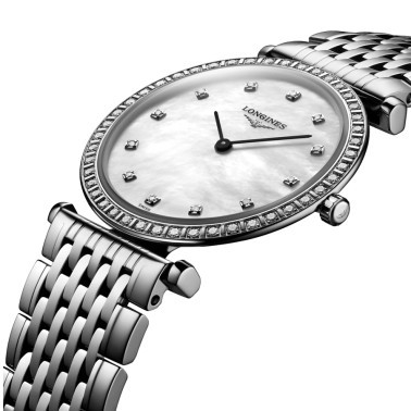 Longines La Grande Classique quartz watch bezel set with white mother-of-pearl dial steel bracelet 29 mm L4.523.0.87.6