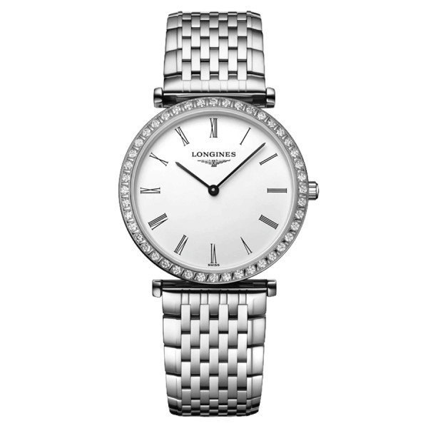Longines La Grande Classique watch quartz bezel set with white dial steel bracelet 29 mm L4.523.0.11.6
