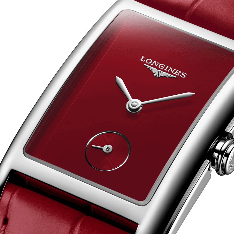 Montre Longines DolceVita quartz cadran rouge bracelet cuir rouge 23,30 x 37 mm L5.512.4.91.2