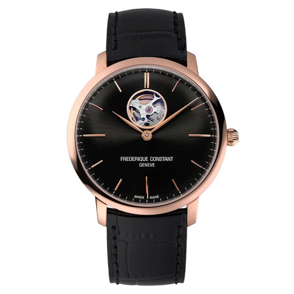 Montre Frédérique Constant Slimline Heart Beat Automatic PVD or rose cadran noir bracelet cuir 40 mm