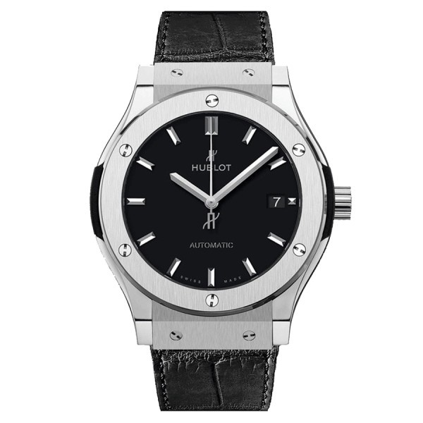 Hublot Classic Fusion Titanium automatic watch black dial black leather strap 38 mm 565.NX.1171.LR