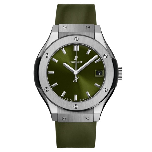 Hublot Classic Fusion Titanium quartz watch green dial green rubber strap 33 mm 581.NX.8970.RX