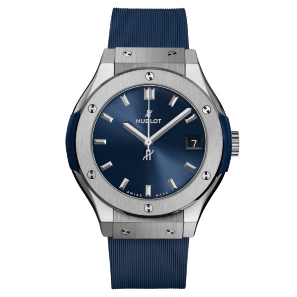 Hublot Classic Fusion Titanium quartz watch blue dial blue rubber strap 33 mm 581.NX.7170.RX