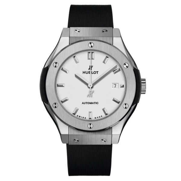 Hublot Classic Fusion Titanium automatic watch with opaline dial and black leather strap 33 mm 582.NX.2610.RX