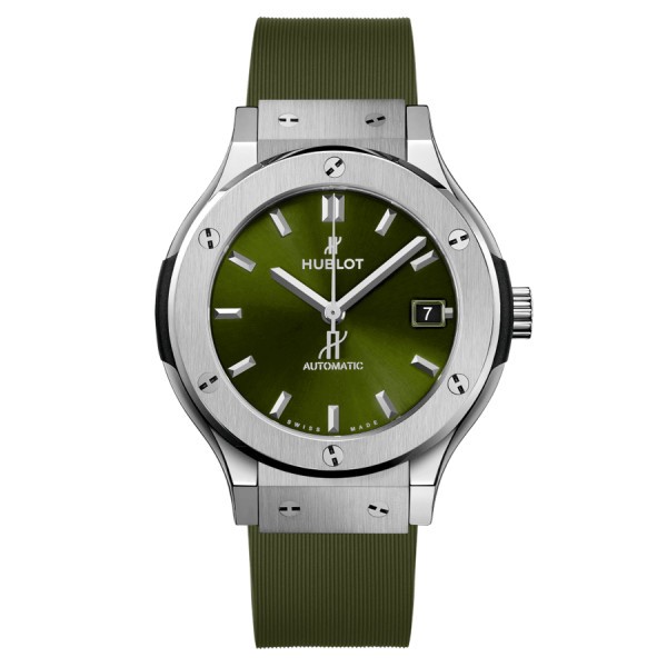Hublot Classic Fusion Titanium automatic watch green dial green rubber strap 38 mm 565.NX.8970.RX