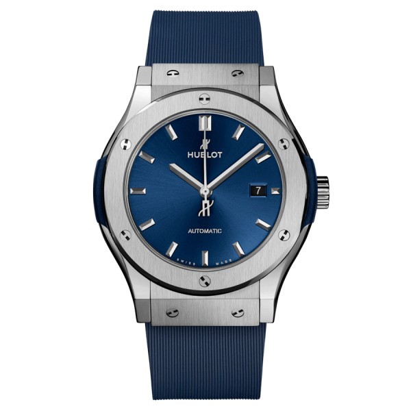 Hublot Classic Fusion Titanium automatic watch blue dial blue rubber strap 42 mm 542.NX.7170.RX