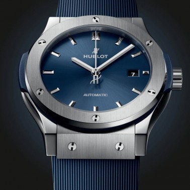 Hublot Classic Fusion Titanium automatic watch blue dial blue rubber strap 42 mm 542.NX.7170.RX
