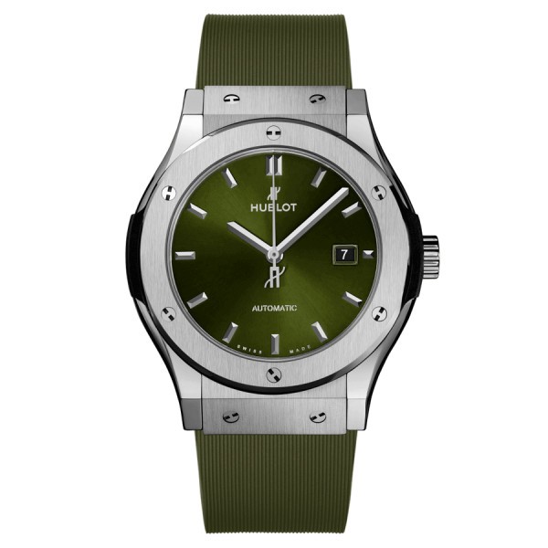 Hublot Classic Fusion Titanium automatic watch green dial green rubber strap 42 mm 542.NX.8970.RX